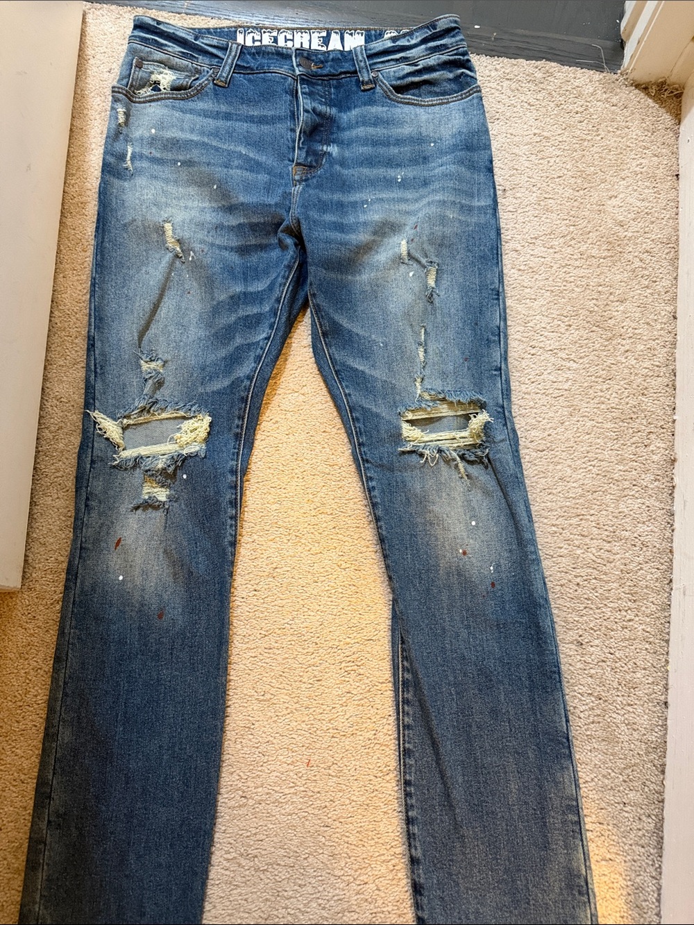 Icecream Men's Skinny Distressed Blue Denim Jeans with Paint Detail
